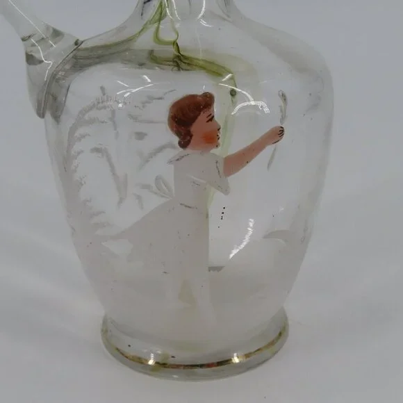 Antique Hand Blown Glass Vinegar Decanter Painted Angel Child Cruet Stopper VTG